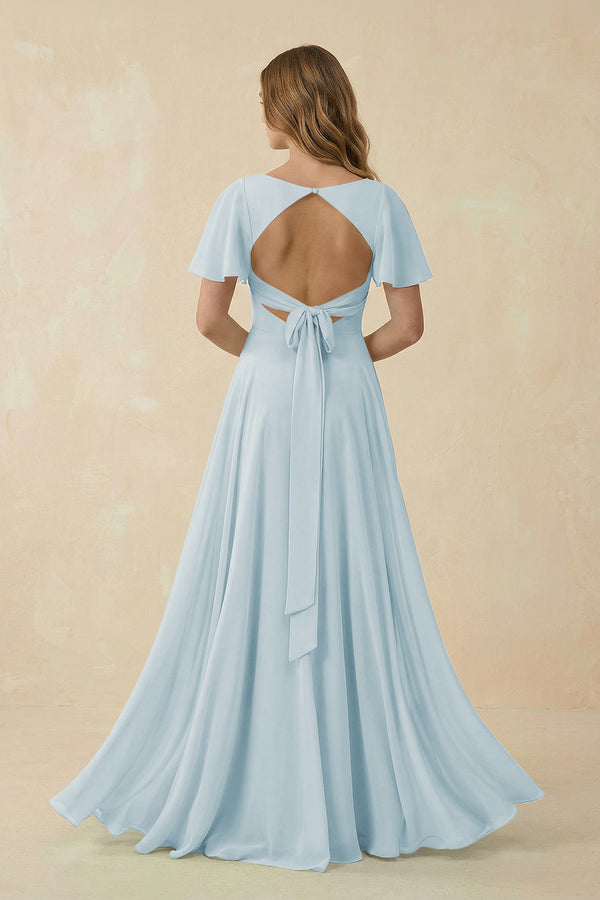 Sky Blue Flutter Sleeve V-Neck Chiffon A-Line Bridesmaid Dress (2) | KISSBRIDAL
