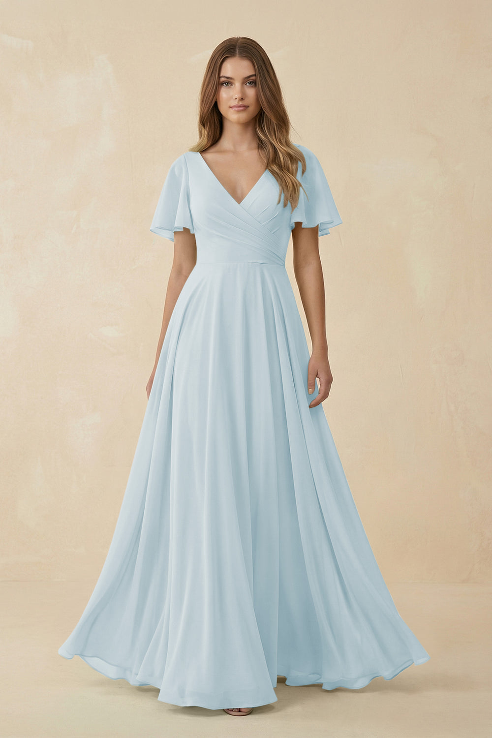 Flutter Sleeve V-Neck Chiffon A-Line Bridesmaid Dress in Sky Blue
