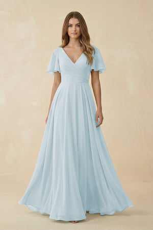 Sky Blue Flutter Sleeve V-Neck Chiffon A-Line Bridesmaid Dress | KISSBRIDAL