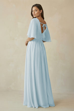 Sky Blue Half Sleeve V-Neck A-Line Chiffon Bridesmaid Gown (2) | KISSBRIDAL