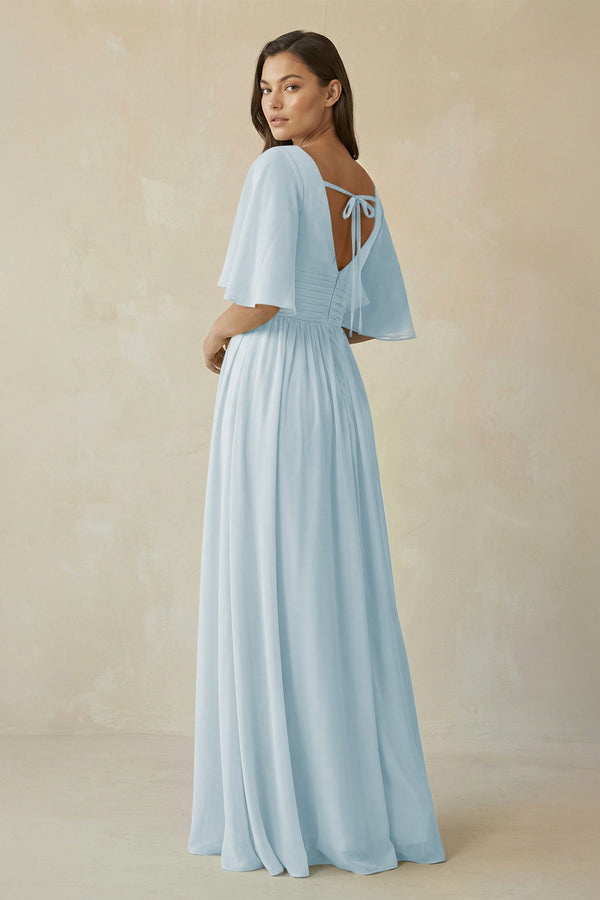 Sky Blue Half Sleeve V-Neck A-Line Chiffon Bridesmaid Gown (2) | KISSBRIDAL