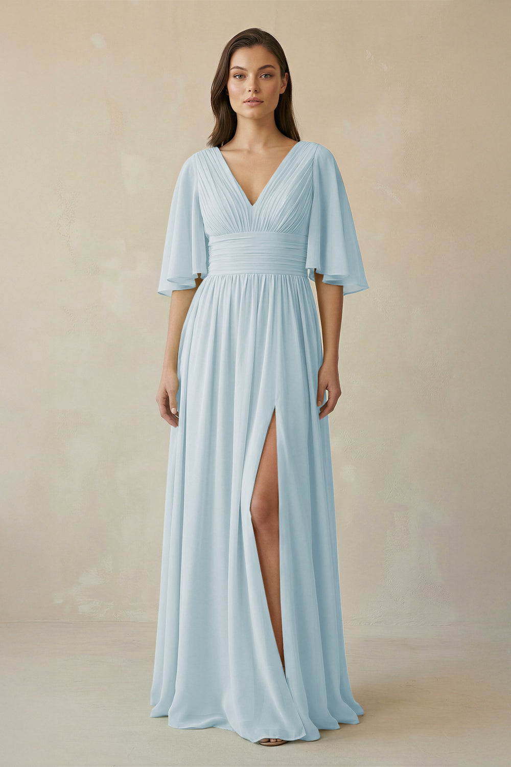 Half Sleeve V-Neck A-Line Chiffon Bridesmaid Gown in Sky Blue