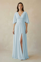 Sky Blue Half Sleeve V-Neck A-Line Chiffon Bridesmaid Gown | KISSBRIDAL