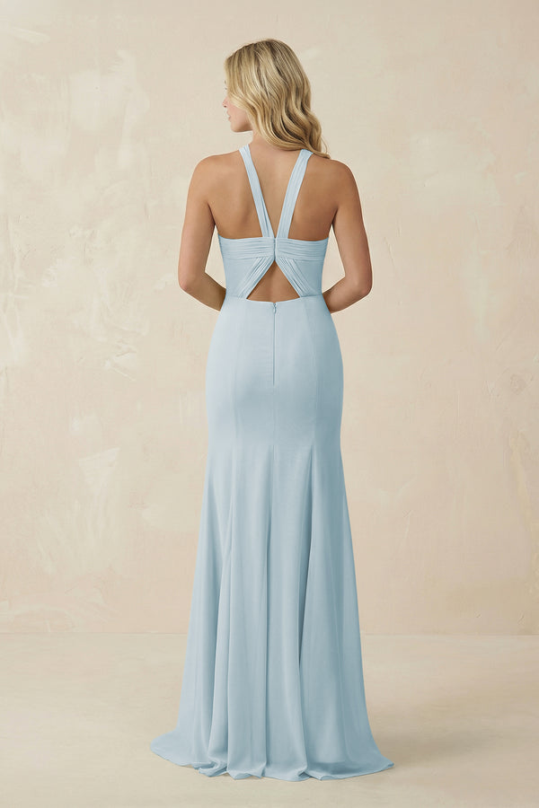 Sky Blue Halter Chiffon Mermaid Ruched Bridesmaid Dress (2) | KISSBRIDAL