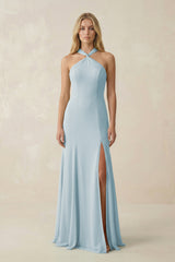 Sky Blue Halter Chiffon Mermaid Ruched Bridesmaid Dress | KISSBRIDAL