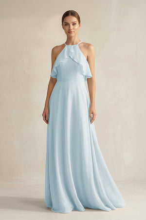 Sky Blue Halter Neck A-Line Chiffon Bridesmaid Dress with Keyhole | KISSBRIDAL
