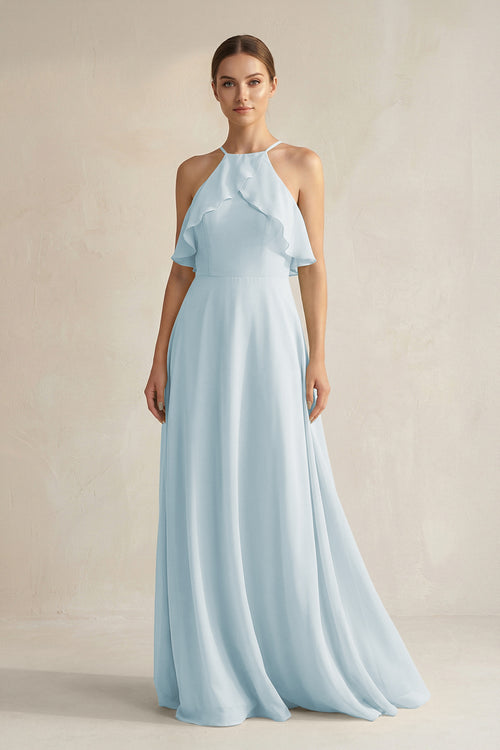 Sky Blue Halter Neck A-Line Chiffon Bridesmaid Dress with Keyhole | KISSBRIDAL