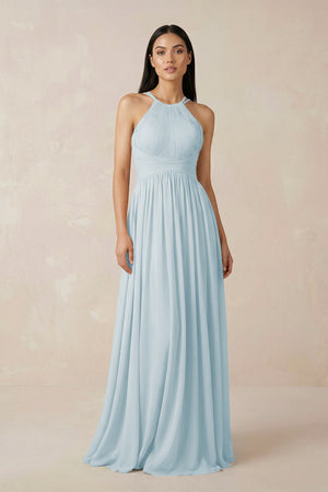 Sky Blue Halter Neck A-Line Chiffon Bridesmaid Dress | KISSBRIDAL