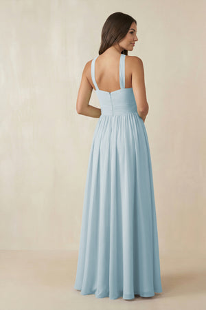 Sky Blue Halter Neck Ruched A-Line Chiffon Bridesmaid Dress (2) | KISSBRIDAL