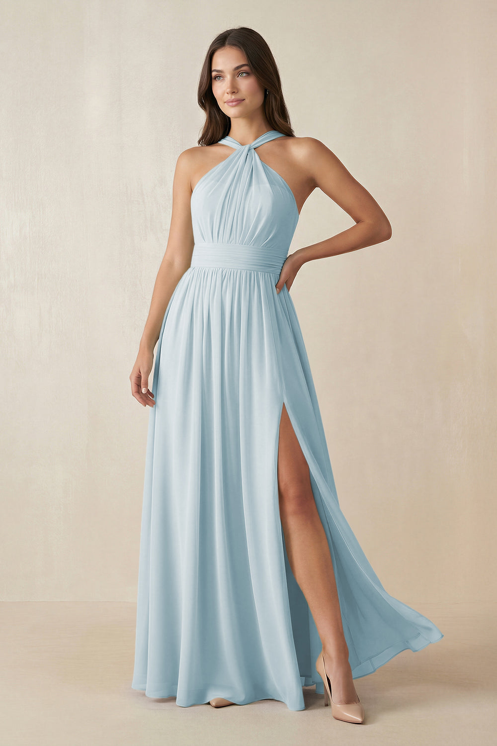 Halter Neck Ruched A-Line Chiffon Bridesmaid Dress in Sky Blue