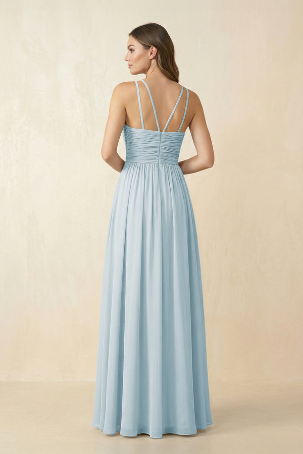 Sky Blue Halter Pleated A-Line Chiffon Bridesmaid Dress (2) | KISSBRIDAL