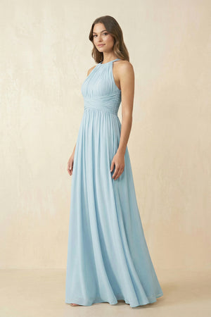 Sky Blue Halter Pleated A-Line Chiffon Bridesmaid Dress (3) | KISSBRIDAL