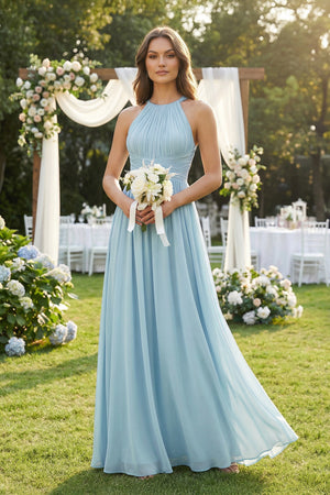 Sky Blue Halter Pleated A-Line Chiffon Bridesmaid Dress (4) | KISSBRIDAL