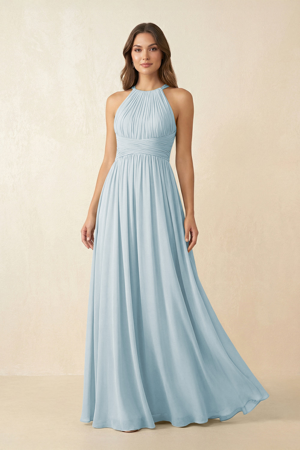 Halter Pleated A-Line Chiffon Bridesmaid Dress in Sky Blue