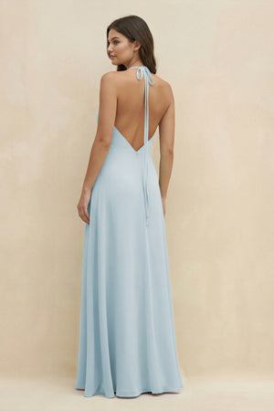 Sky Blue Halter Sheath Long Chiffon Bridesmaid Dress (2) | KISSBRIDAL