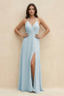 Sky Blue Halter Sheath Long Chiffon Bridesmaid Dress | KISSBRIDAL