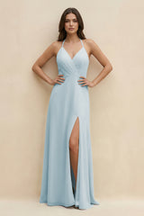 Sky Blue Halter Sheath Long Chiffon Bridesmaid Dress | KISSBRIDAL