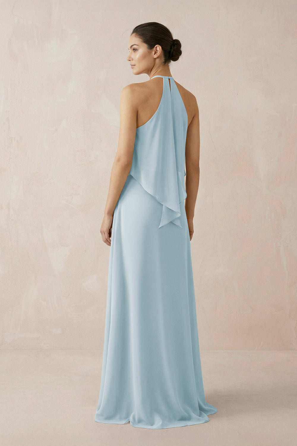 Halter Sheath Ruffled Chiffon Bridesmaid Dress in Sky Blue