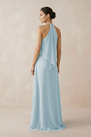 Sky Blue Halter Sheath Ruffled Chiffon Bridesmaid Dress (2) | KISSBRIDAL