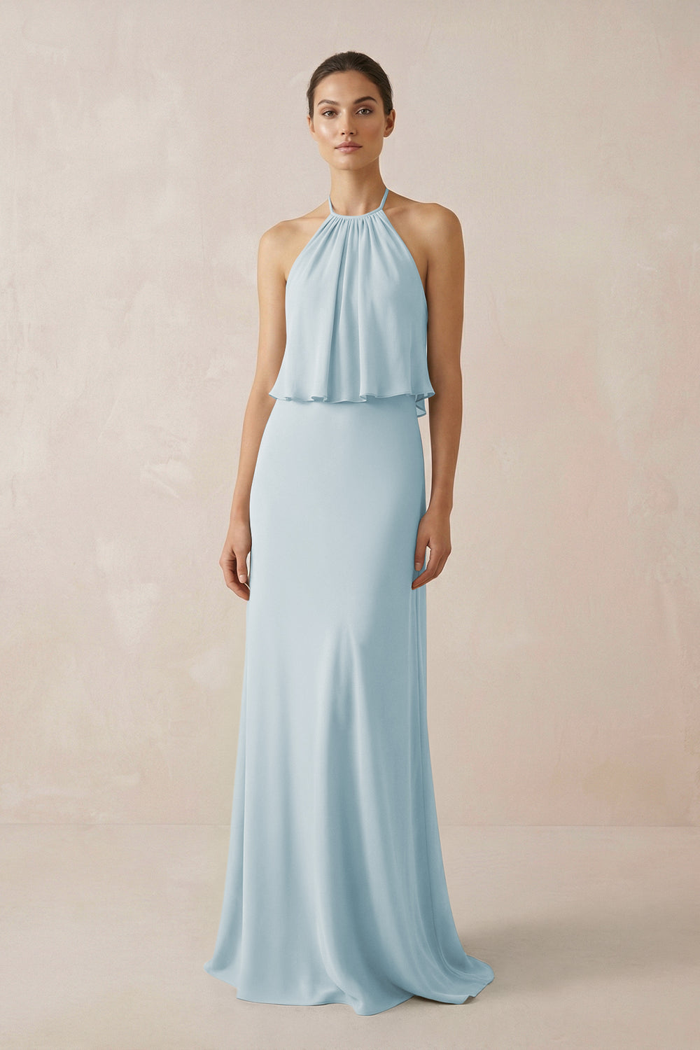 Halter Sheath Ruffled Chiffon Bridesmaid Dress in Sky Blue