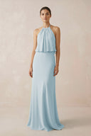 Sky Blue Halter Sheath Ruffled Chiffon Bridesmaid Dress | KISSBRIDAL