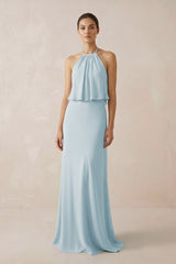 Sky Blue Halter Sheath Ruffled Chiffon Bridesmaid Dress | KISSBRIDAL