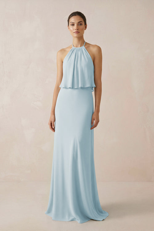 Sky Blue Halter Sheath Ruffled Chiffon Bridesmaid Dress | KISSBRIDAL