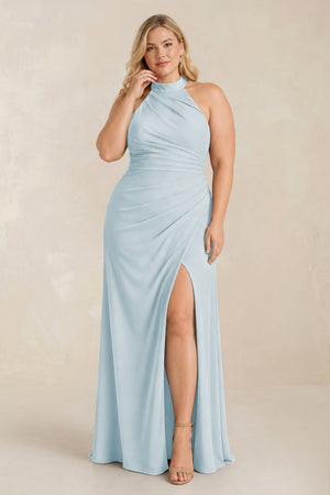 Sky Blue High Neck Chiffon Sheath Ruched Bridesmaid Dress [sizeplus] | KISSBRIDAL