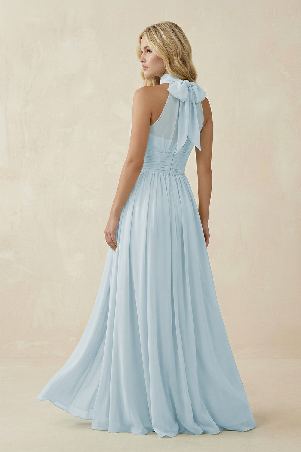 Illusion Halter A-Line Chiffon Bridesmaid Gown in Sky Blue
