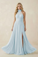 Sky Blue Illusion Halter A-Line Chiffon Bridesmaid Gown | KISSBRIDAL