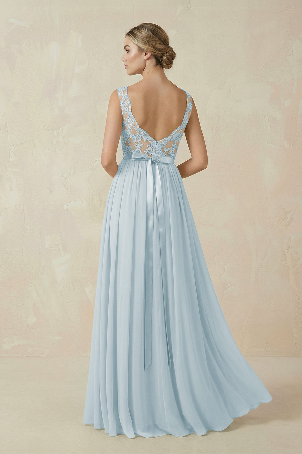 Lace A-Line Bateau Neck Chiffon Long Bridesmaid Dress in Sky Blue