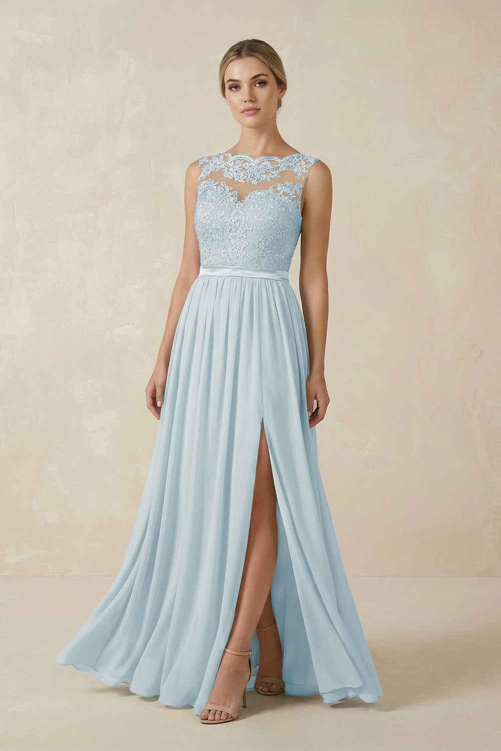 Lace A-Line Bateau Neck Chiffon Long Bridesmaid Dress in Sky Blue