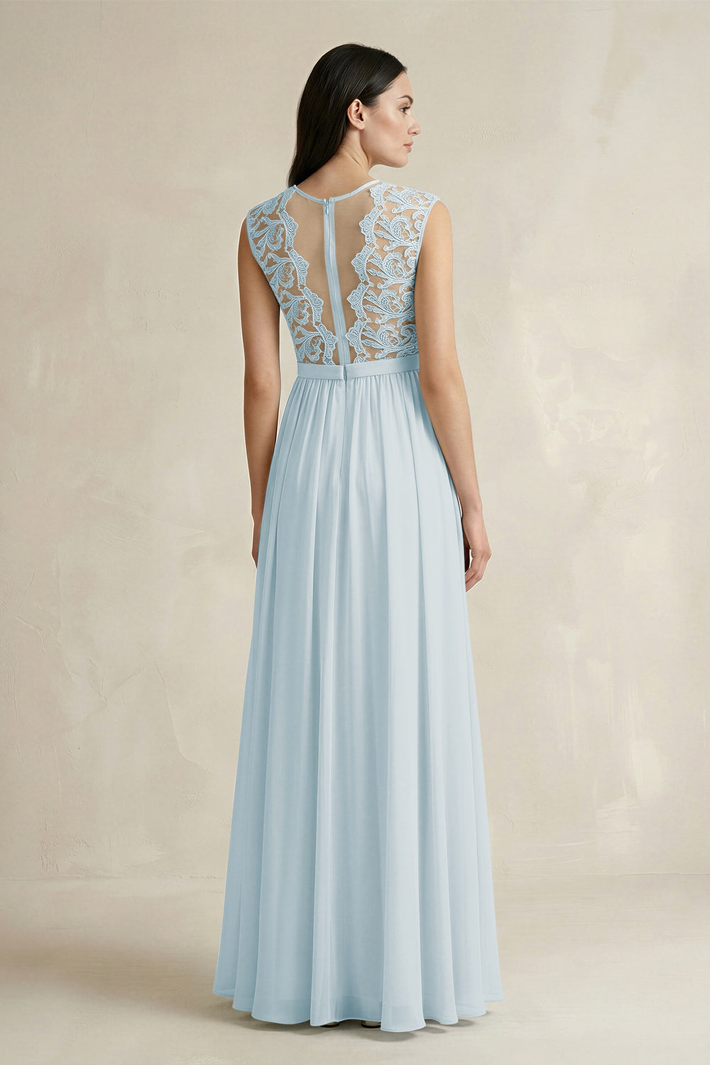 Lace Chiffon A-Line Round Neck Bridesmaid Dress in Sky Blue