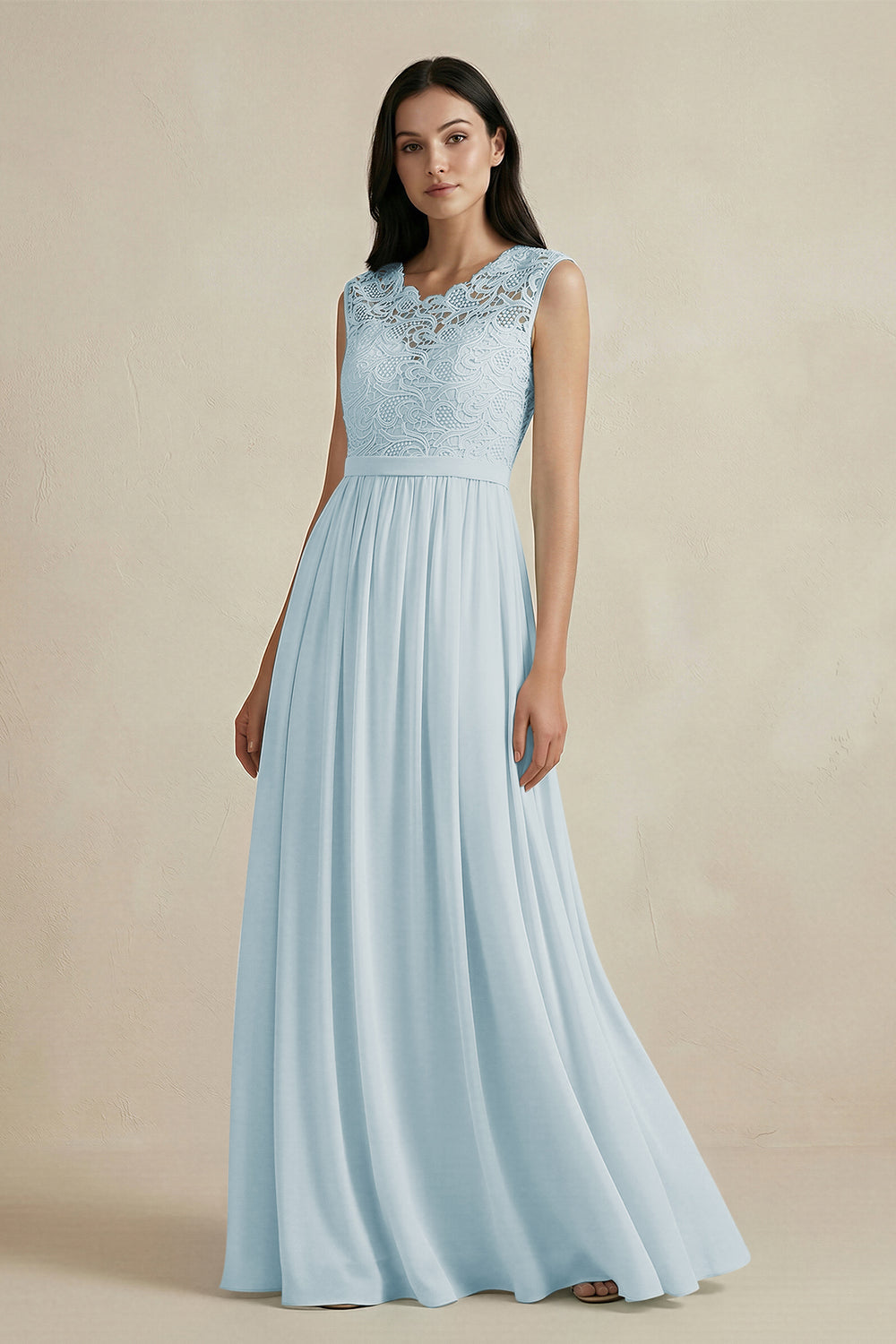 Lace Chiffon A-Line Round Neck Bridesmaid Dress in Sky Blue