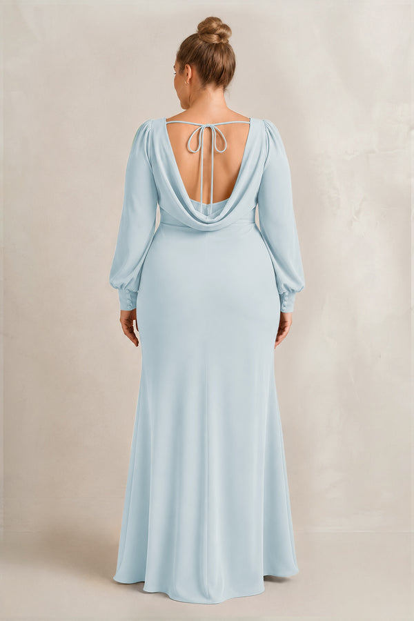 Sky Blue Long Sleeve V-Neck Sheath Chiffon Bridesmaid Dress (2) [sizeplus] | KISSBRIDAL