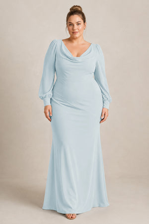 Sky Blue Long Sleeve V-Neck Sheath Chiffon Bridesmaid Dress [sizeplus] | KISSBRIDAL