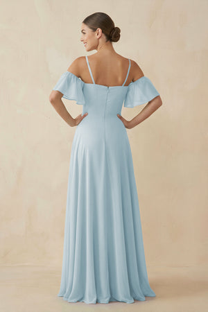 Sky Blue Off-the-Shoulder A-Line Chiffon Bridesmaid Dress (2) | KISSBRIDAL