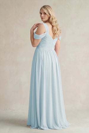 Sky Blue Off-the-Shoulder A-Line Chiffon Bridesmaid Dress With Slit (2) | KISSBRIDAL
