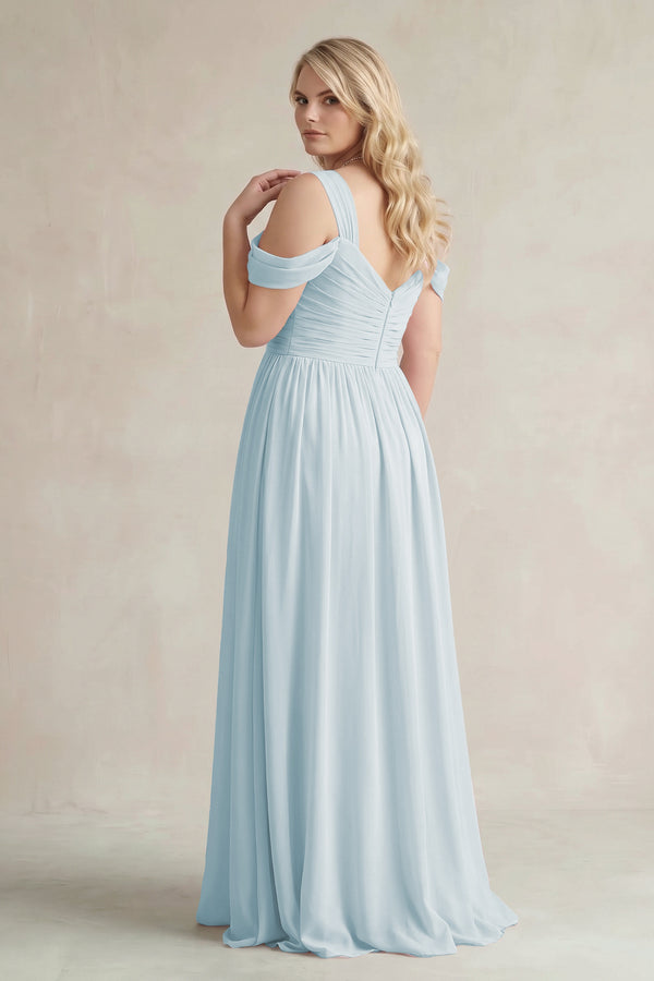 Sky Blue Off-the-Shoulder A-Line Chiffon Bridesmaid Dress With Slit (2) | KISSBRIDAL