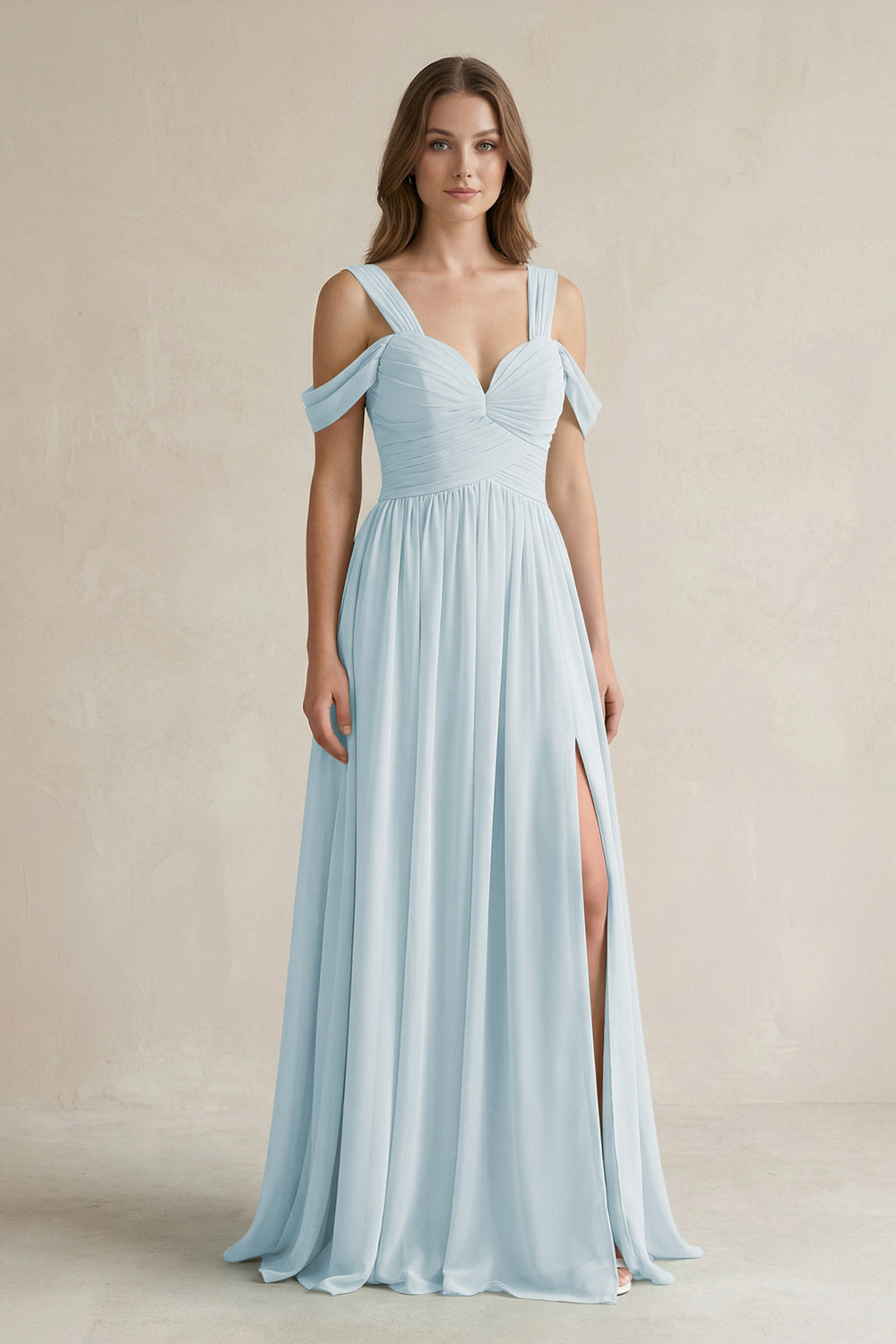 Off-the-Shoulder A-Line Chiffon Bridesmaid Dress With Slit in Sky Blue