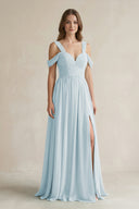 Sky Blue Off-the-Shoulder A-Line Chiffon Bridesmaid Dress With Slit | KISSBRIDAL