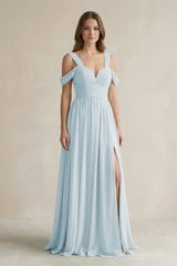Sky Blue Off-the-Shoulder A-Line Chiffon Bridesmaid Dress With Slit | KISSBRIDAL