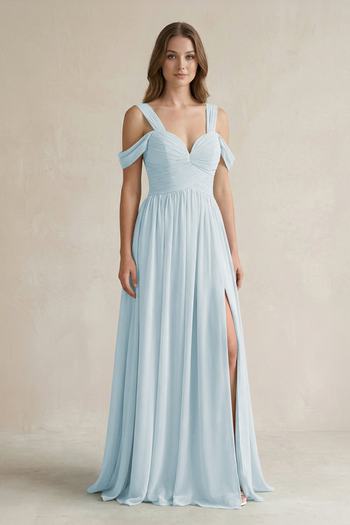 Sky Blue Off-the-Shoulder A-Line Chiffon Bridesmaid Dress With Slit | KISSBRIDAL