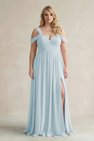 Sky Blue Off-the-Shoulder A-Line Chiffon Bridesmaid Dress With Slit | KISSBRIDAL