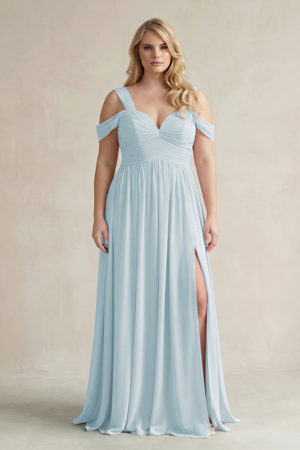 Sky Blue Off-the-Shoulder A-Line Chiffon Bridesmaid Dress With Slit | KISSBRIDAL