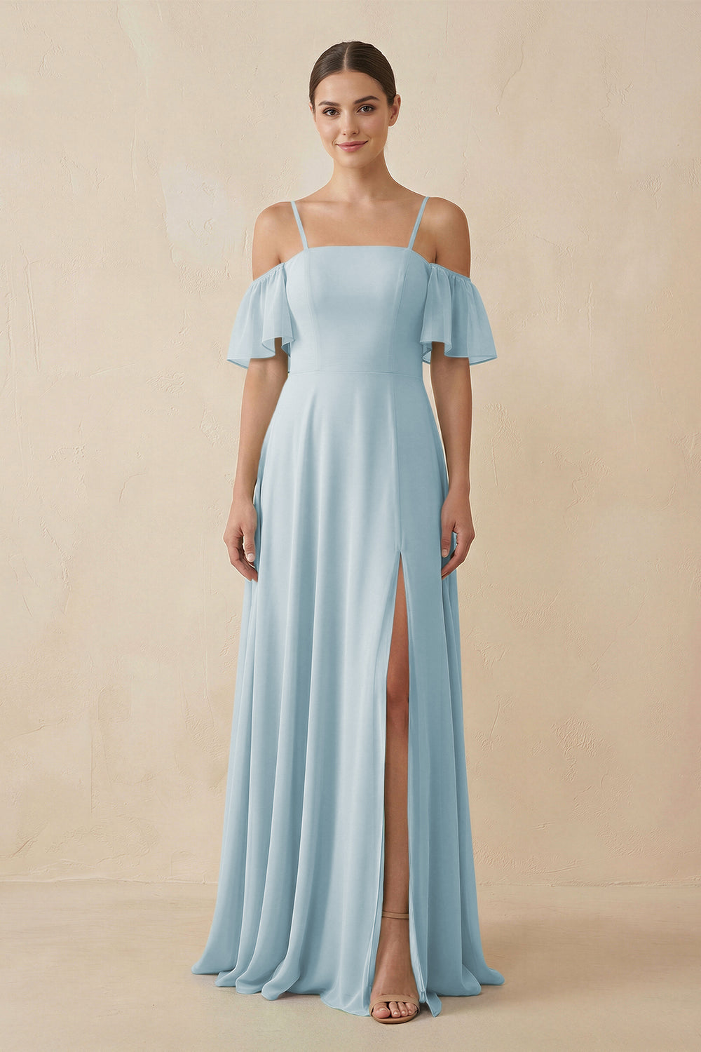 Off-the-Shoulder A-Line Chiffon Bridesmaid Dress in Sky Blue
