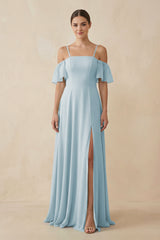 Sky Blue Off-the-Shoulder A-Line Chiffon Bridesmaid Dress | KISSBRIDAL