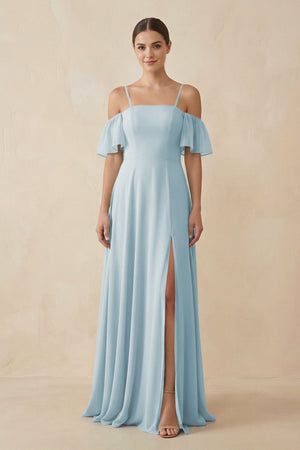 Sky Blue Off-the-Shoulder A-Line Chiffon Bridesmaid Dress | KISSBRIDAL