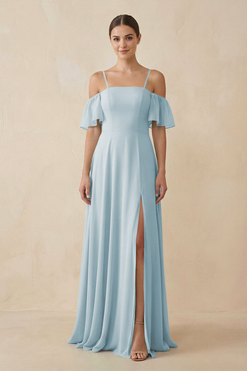 Sky Blue Off-the-Shoulder A-Line Chiffon Bridesmaid Dress | KISSBRIDAL