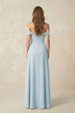 Sky Blue Off-the-Shoulder A-Line Chiffon Pleated Bridesmaid Dress (2) | KISSBRIDAL